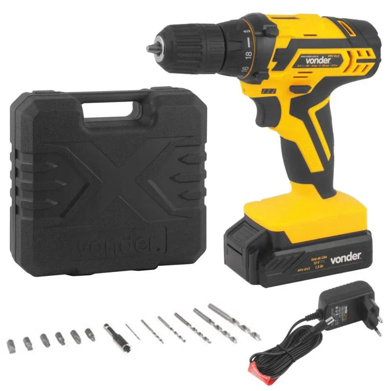 Furadeira e Parafusadeira à Bateria Vonder PFV 012 12V Bivolt com Kit de Brocas e Bits